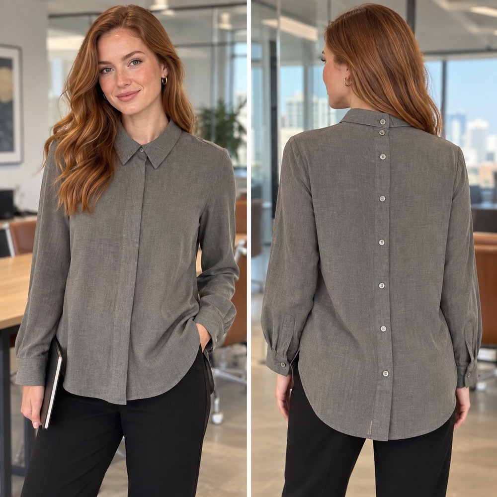 J.Jill Petite S Gray 100% Rayon Hidden Button Back Detail Blouse WTP141572